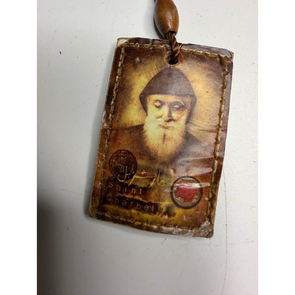 Saint Charbel Religious Necklace Wooden Beads Leather Pendant Maronite Monk
